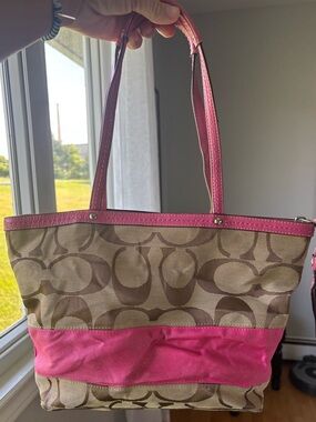 Coach Beige Signature Canvas Shoulder Tote with Pink Trim